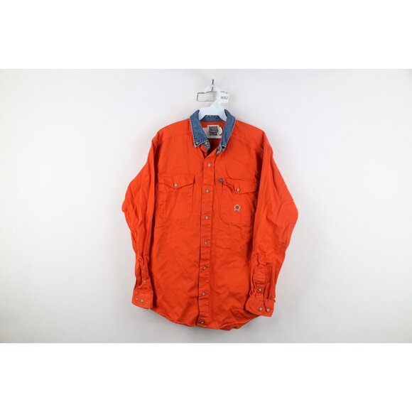 Vintage 90s Western Rodeo Mens Medium Faded Denim Collar Twill Button Down Shirt - Picture 1 of 16
